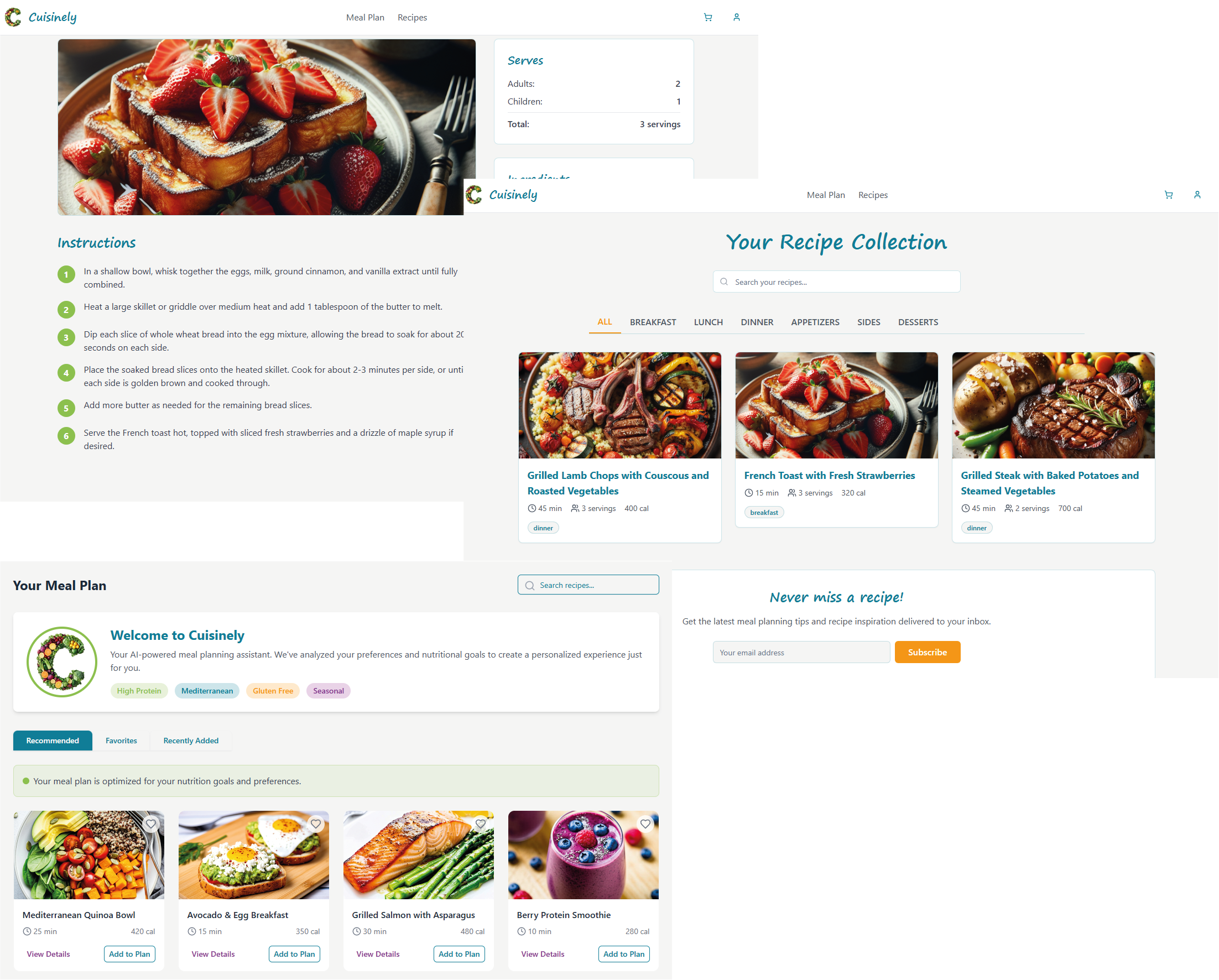 Cuisinely App Preview - Recipe Details, Collections, and Meal Planning